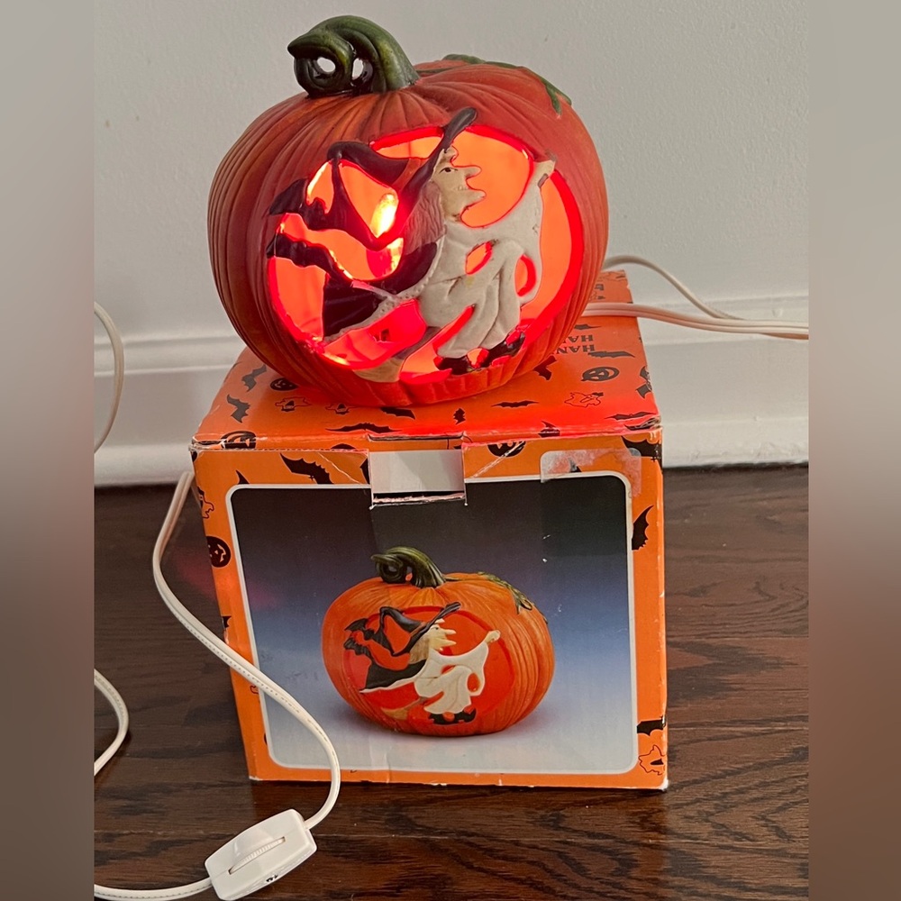 Vintage Halloween porcelain bisque pumpkin witch light lantern Brinn's handpaint